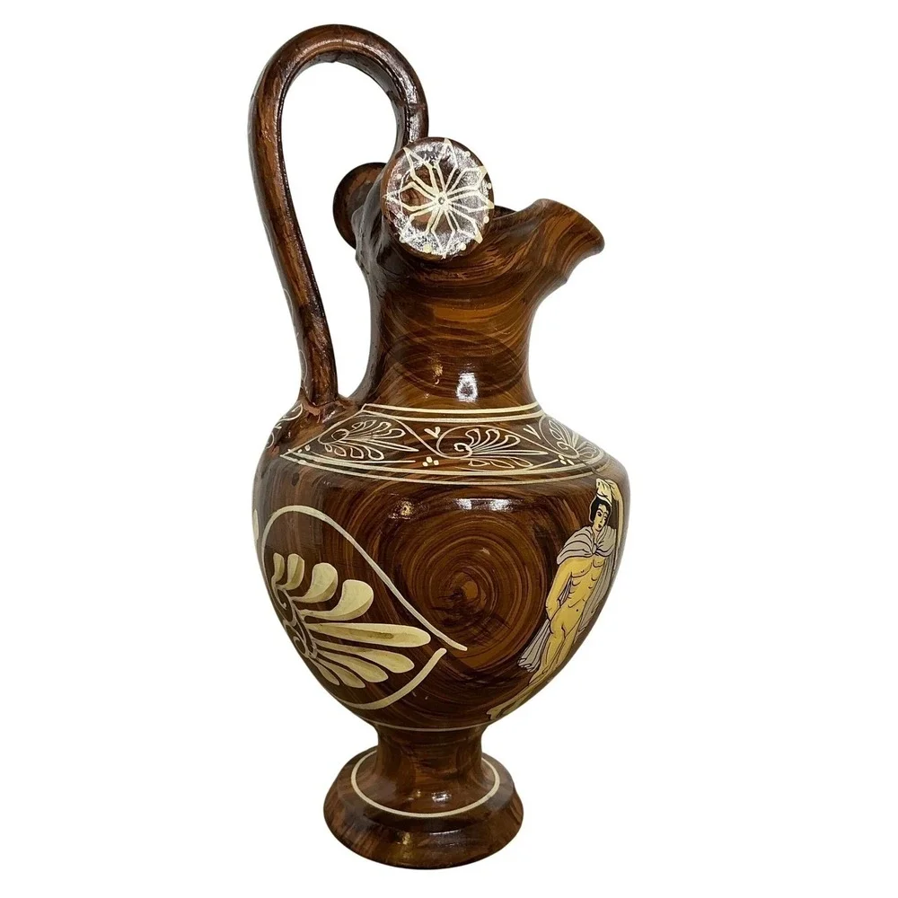 Vintage Greek Hand Painted Pottery Ewer‎ Jug Signed Mid Century MCM Decor